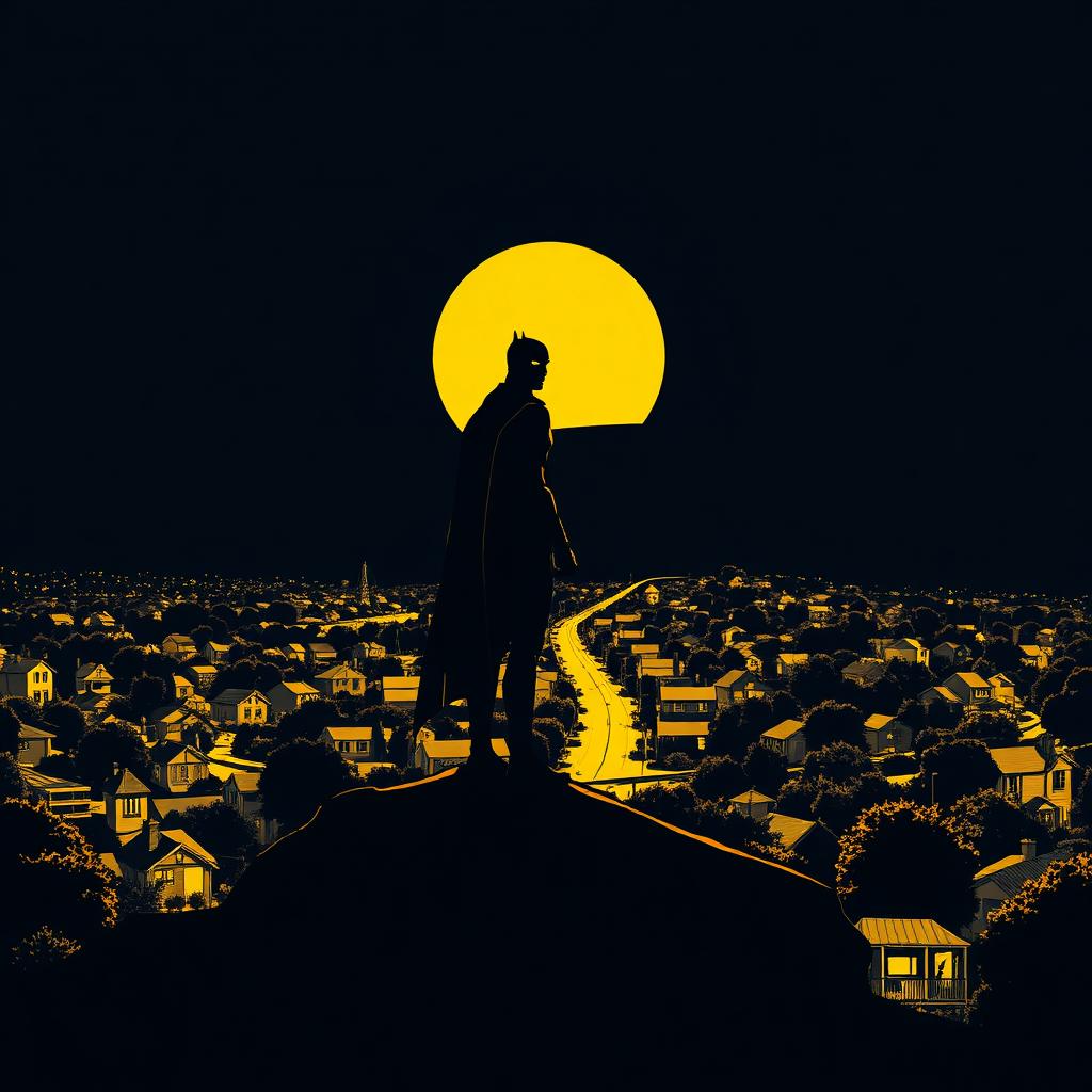 A hero standing on a hilltop overlooking their postcode at dawn